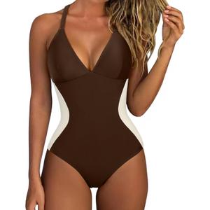 SUUKSESS Women Slimming Tummy Control One Piece Swimsuit Sexy Bathing Suit (Large, Beige Brown)