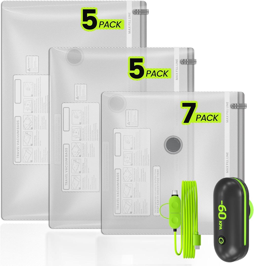 (17PACK) Travel Vacuum Bags with USB Pump-Portable Vacuum Packing Seal for for Travel & Home, Vacuum Compression Packing Seal Bags for Clothes, Bedding & Seasonal Storage (17Combo Travel Size)