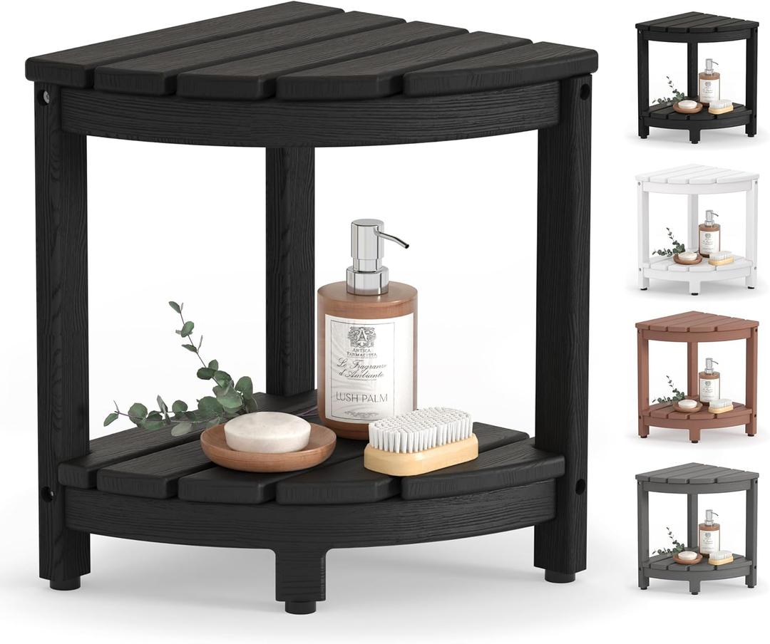 Corner Shower Stool for Inside Shower, HDPE Waterproof Shower Bench Seat Chair, Plastic Bath Shower Stool for Shaving Legs Foot Rest with Storage Shelf, Adjustable & Non-Slip Feet, Black