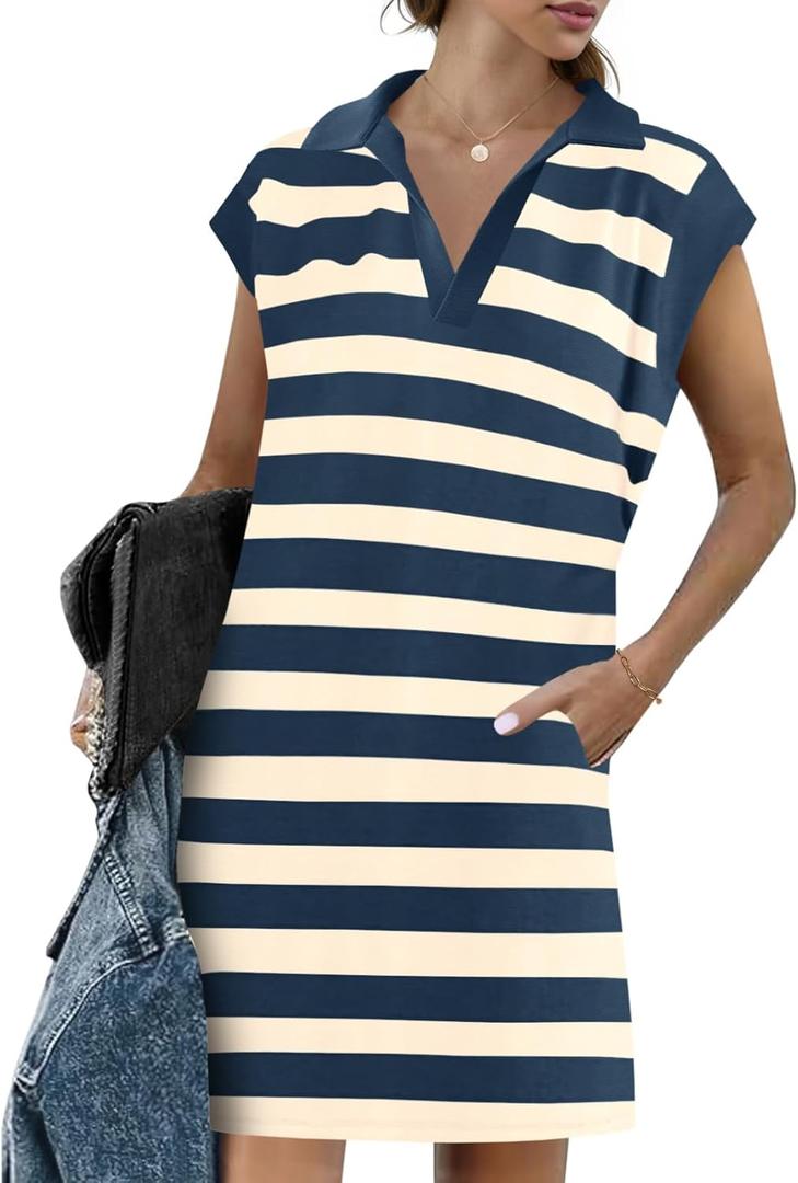 Wenrine Womens Striped Summer Mini Dress Casual Cap Sleeve Polo V Neck T Shirt Dresses with Pockets (Small)