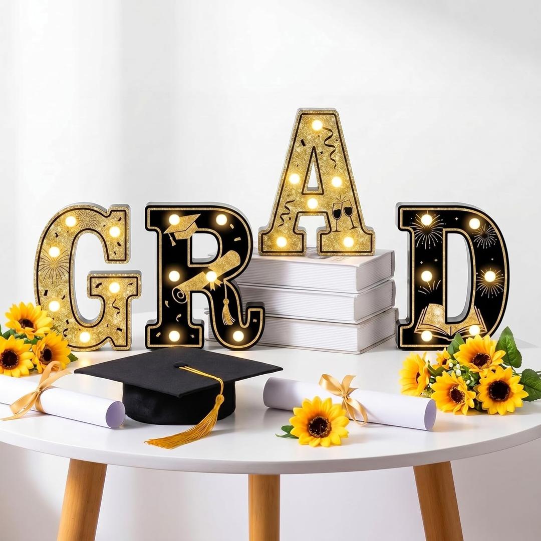 2026 Grad Light up Letters for Table, Graduation Party Decorations LED Marquee Grad Letter Lights Sign 8.7 Inches Black and Gold Graduation Centerpieces Ornaments, Batteries Not Included