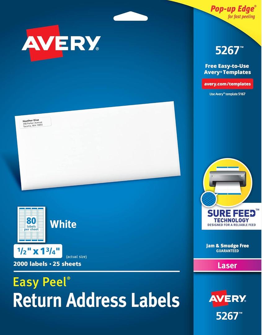 Avery Printable Return Address Labels with Sure Feed, 0.5" x 1.75", White, 2,000 Blank Mailing Labels (05267)