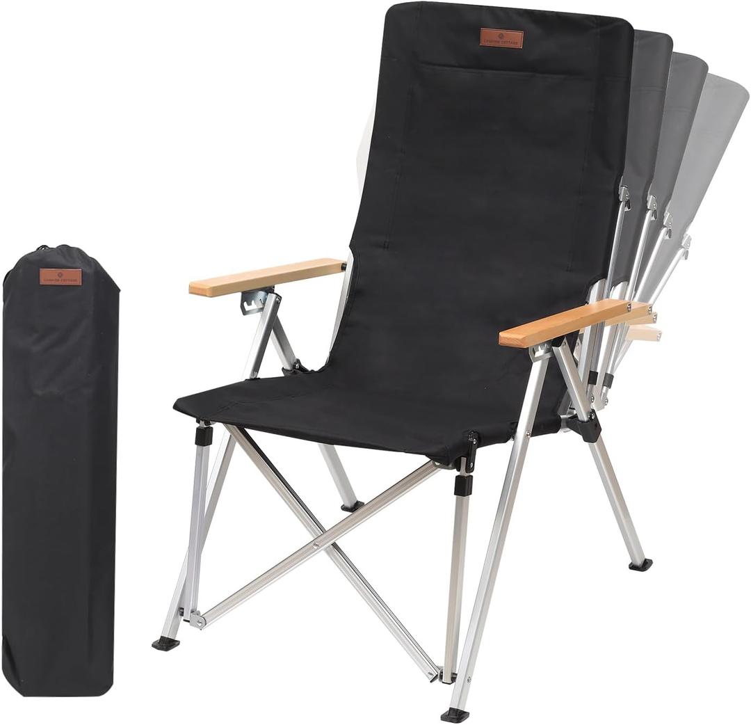 Folding Camping Chair Portable Chairs for Adults Adjustable High Back Outdoor Comfortable Chair with Storage Bag (Black)