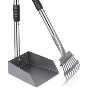 Heeyoo Dog Pooper Scooper, Dog Poop Tray and Rake Set, Pet Waste Removal Scoop with Long Adjustable Sectional Stainless Handles (Silver/Black)