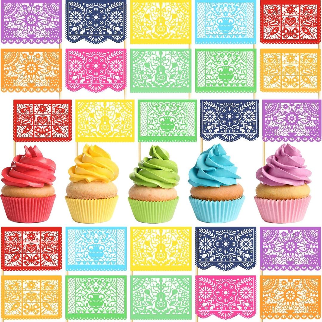 60 Pcs Colorful Mexican Fiesta Cupcake Toppers, Mini Paper Papel Picado Banner Cake Toppers, Mexican Themed Party Decorations Supplies for Cinco de Mayo Dia De Los Muertos Day of the Dead Decor