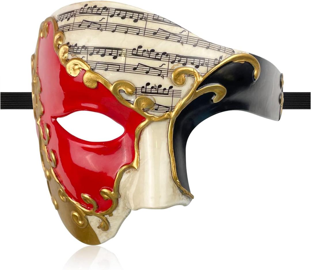 HyperFun Mens Masquerade Mask Phantom of The Opera Half Face Mask with Bowtie, Vintage Venetian Masks for Costume Party (Red Note)
