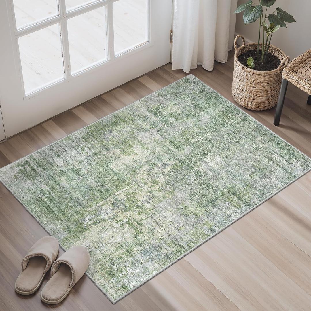 Soalmost 2x3 Abstract Washable Rugs for Kitchen, Floor, Entryway, Powder Room Small Area Rug Non-Slip Vintage Low Pile Throw Door Mat Green Ivory