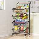 COVAODQ Snack Cart with Wheels 4-Tier Adjustable Fruit Rack Fruit Vegetable Basket Cart Metal Wire Storage Cart Rolling Pantry Utility Kitchen Cart (Black With Handle)