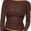 INLYRIC Women's Cosnufy Mesh Sheer Long Sleeve Tops See Through Boat Neck Going Out Tops Trendy Sexy Shirts (Hazelnut) S