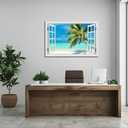 Ocean Wall Art Pictures for Beach Canvas Painting for Living Room Fake White Window Frame Style Blue Seascape Print Tropical Beach Palm Tree Artwork for Home Bedroom Office Decoration 24x36inch