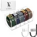Acrylic Belt Organizer for Closet with Removable Dividers- 2 Wall Hooks for Hanging Towel- 5 Compartments & Handles Drawer Organization and Storage for Purse, Underwear, Socks & Ties (3 Pcs)