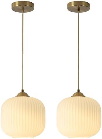 KCO Lighting Mid Century Modern Gold White Pendant Light Milk Glass Globe Pendant Lights Kitchen Island Antique Brass Pendant Light Vintage Hanging Light Fixture for Dining Room Living Room (2-Pack)