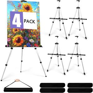 4 Pack Art Painting Artist Easel Stand Adjustable Portable Aluminum Metal Tripod Display Easel with 4 Bag Height from 20-66 Inches Tabletop Art Easel for Table-Top/Floor Drawing and Displaying,Silver