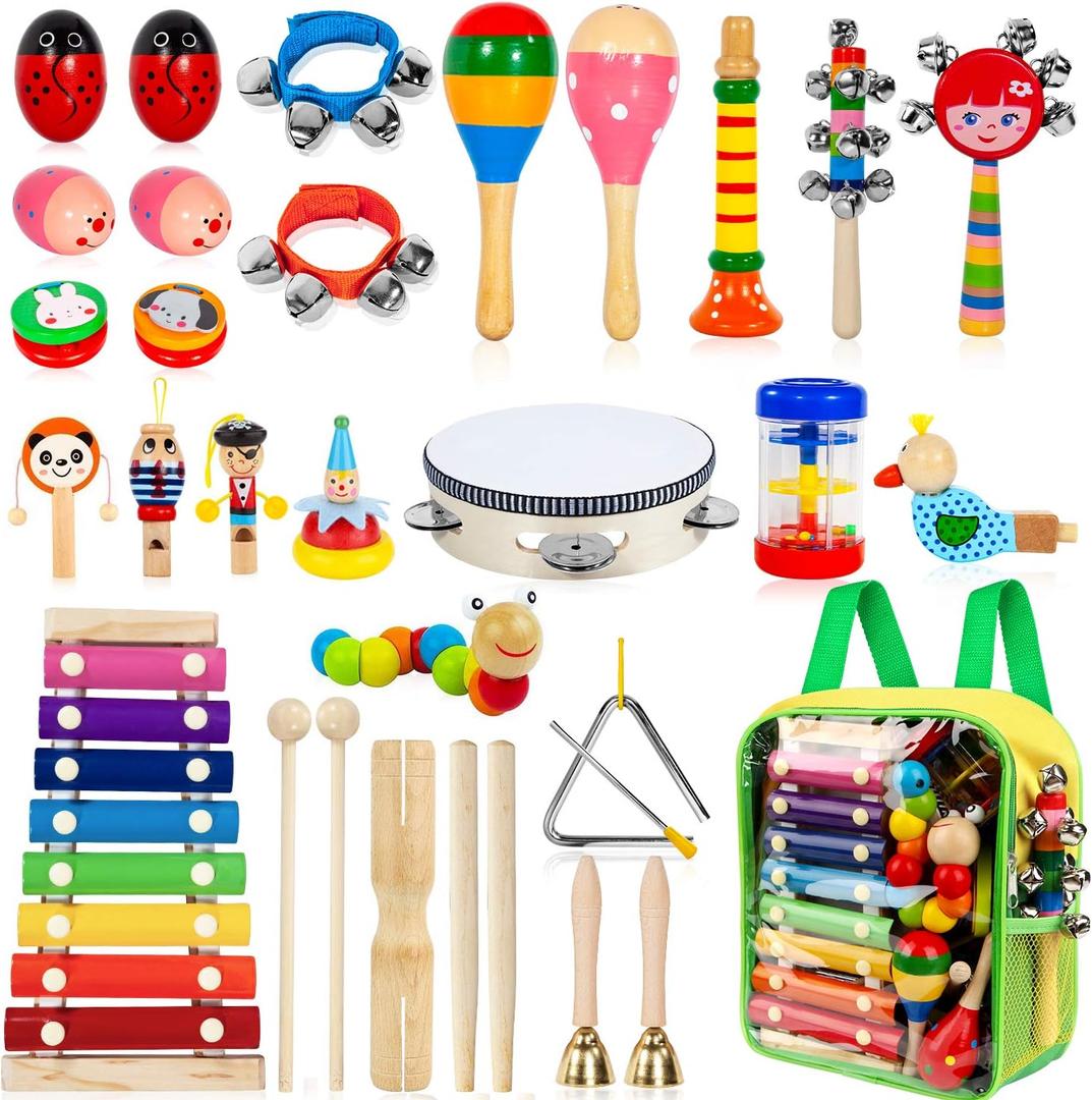 Kids Musical Instruments, 33Pcs 18 Types Wooden Percussion Instruments Tambourine Xylophone Toys for Kids Children, Preschool Education Early Learning Musical Toy for Boys and Girls (Rainbow)