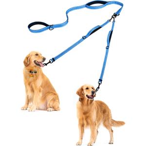 PetBonus Double Dog Leash, No Tangle Dual Leash, Reflective Walking Training Lead, 4 Comfortable Padded Handles for 2 Dogs with Collapsible Bowl and Waste Bags (Light Blue, Large)