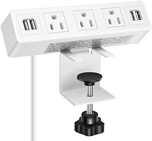 3 AC Outlet Desk Clamp Power Strip White, Desk Mount USB Charging Power Station, Removable Desktop Edge Power Center Plugs Output 125V/ 60HZ/ 12A/ 1500W, USB 5V/ 4A 6.56FT Cable