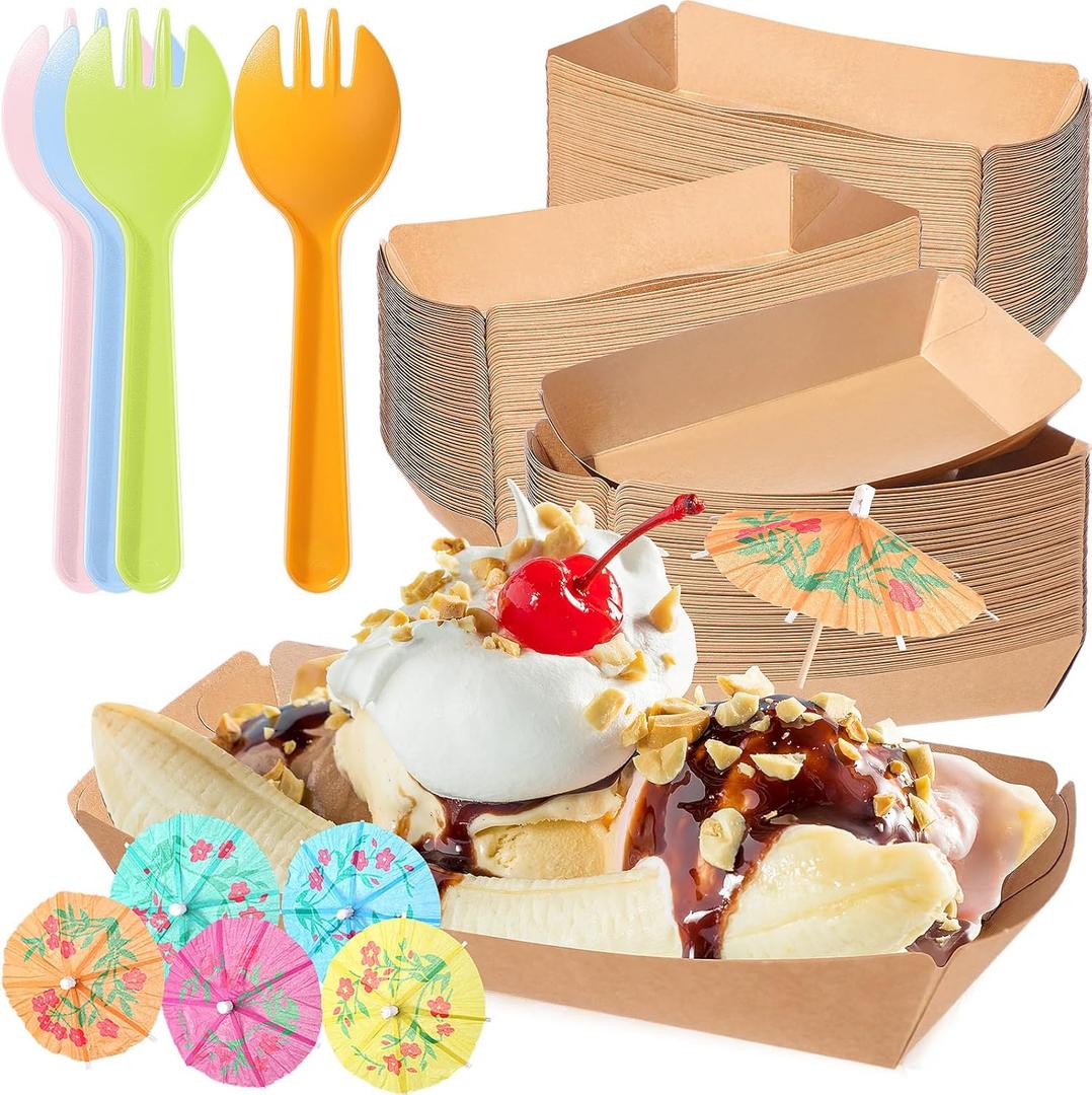 60 Set Colorful Food Trays Boat Paper Disposable Banana Split Boats with Umbrellas 8 oz Bowls for Birthday Summer Party Supplies Dessert(Kraft)