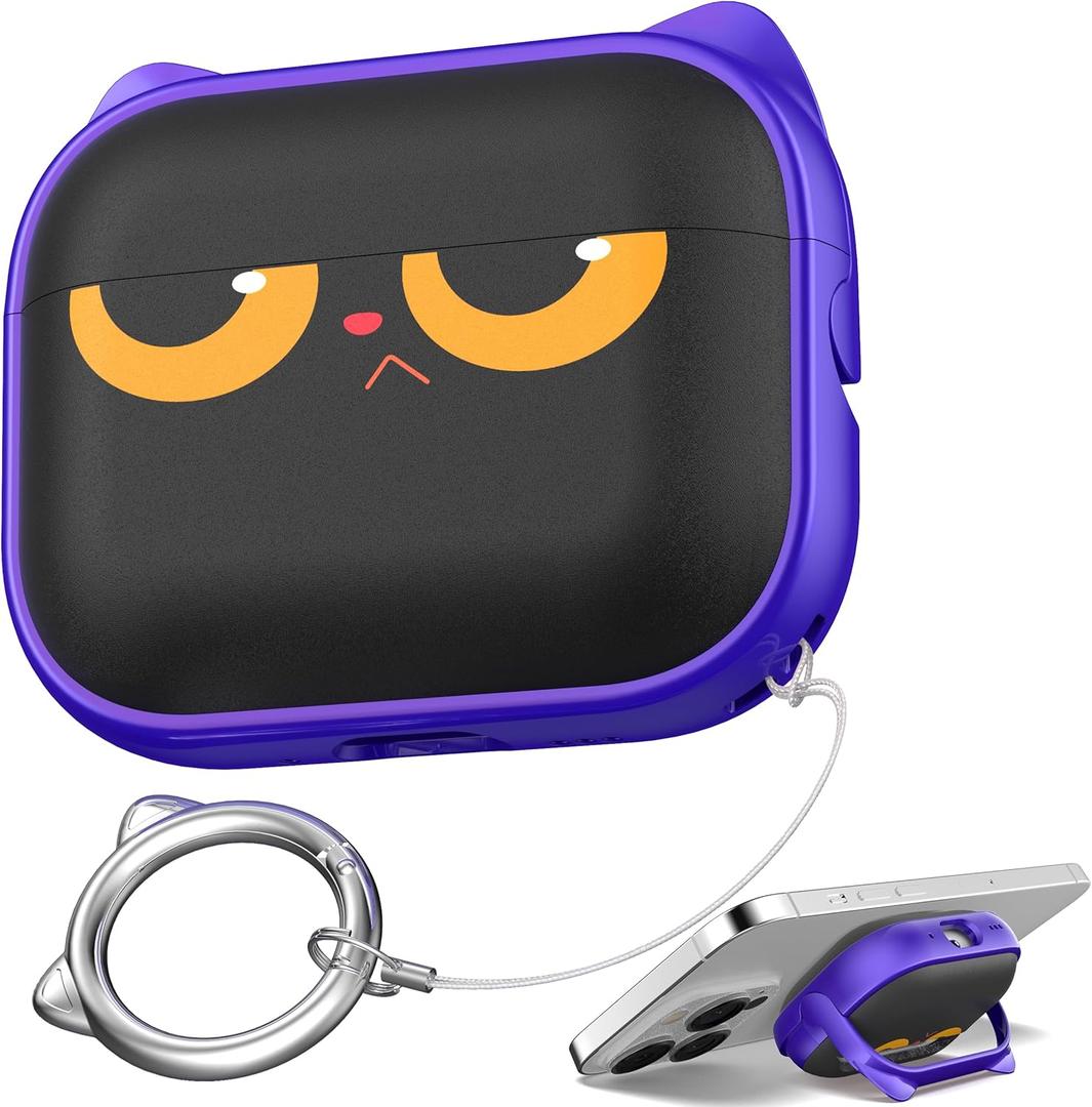 R-fun for AirPods Pro 3 Case with Cleaning Kit, Cute Cat Ear Print & Buckle for Girls, Phone Holder & Top Safe Lock Buckle, Compatible with AirPods Pro 3rd Gen Case, Purple Cat