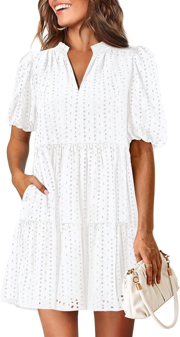 KIRUNDO Eyelet Summer Dresses for Women 2026 Mini Casual Hollow Out Short Sleeve Lace Tiered V Neck Shift Dress Pockets Small