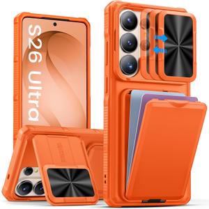SSLOTSCASE for Samsung Galaxy S26 Ultra Case with Hidden Card Holder & Camera Stand & Adjustable Kickstand & Slide Camera Cover & Wallet, Military-Grade Heavy Duty Phone Cover for S26 Ultra, Orange