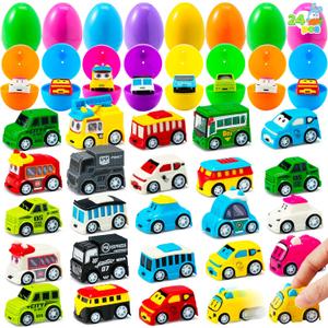 JOYIN 24 Pcs Prefilled Easter Eggs with Toys, Plastic Eggs with Colorful Cars, Basket Stuffers, Party Favors for Kids, Easter Game, Classroom Prize Supplies