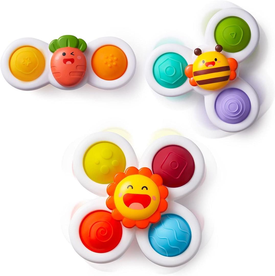 LiKee Strong Suction Cup Fidget Rotating Sensory Bath Toys for Baby 12 18 Months Airplane Car Travel Table & Window Toys for 1 2 Years Old Toddler Boys and Girls (Sun)