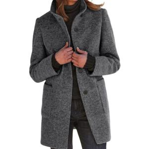 CHARTOU Women Winter Long Pea Coat Wool Blend Stand Collar Single Breast Thicken Blazer Jacket (Large, Grey)