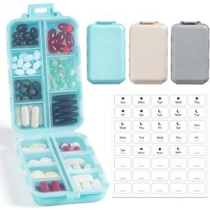 3 Pack, 14 GRIDS Travel Pill Organizer Box with Labels - Travel Medicine Case Kit - Pocket Daily Pharmacy Container - Travel Medication Holder Dispenser for Fish Oil Vitamin Supplement Storage (with White Labels, Khaki+blue+grey)