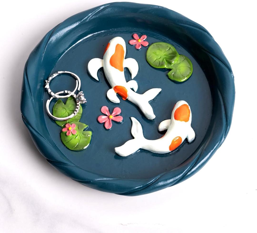 Koi Fish Ring Dish - Resin Jewelry Tray, Jewerly Holder for Women& Engagement Gift, Wedding Ring Holder for Ceremony, Key Bowl for Trinkets, Small Decorative Tray (Dark blue)