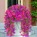 Dolicer 4 Pcs Look Real Artificial Flowers for Outdoors, Realistic Fake Artificial Hanging Flowers for Outdoors UV Resistant Silk Faux Hanging Plants Flowers for Porch Patio Garden (Purple+Fuchsia)