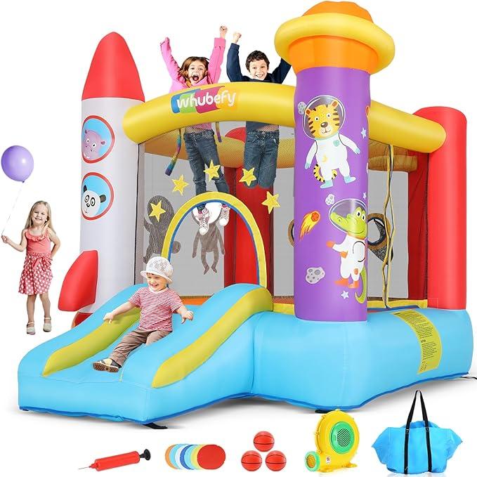 Whubefy Inflatable Bounce House for Kids 3-6 - 8.9ft X 6.9ft Indoor Bouncy House for Boys Girls with Slide & Pitching Net & Astronaut Photo Backdrop - Jumping Castle Party Decoration