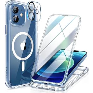 Miracase Magnetic for iPhone 12/12 Pro Case 6.1 inch, (Compatible with MagSafe) Upgrade Full-Body Clear Phone Bumper Case with Built-in 9H Tempered Glass Screen Protector, Magnetic Clear