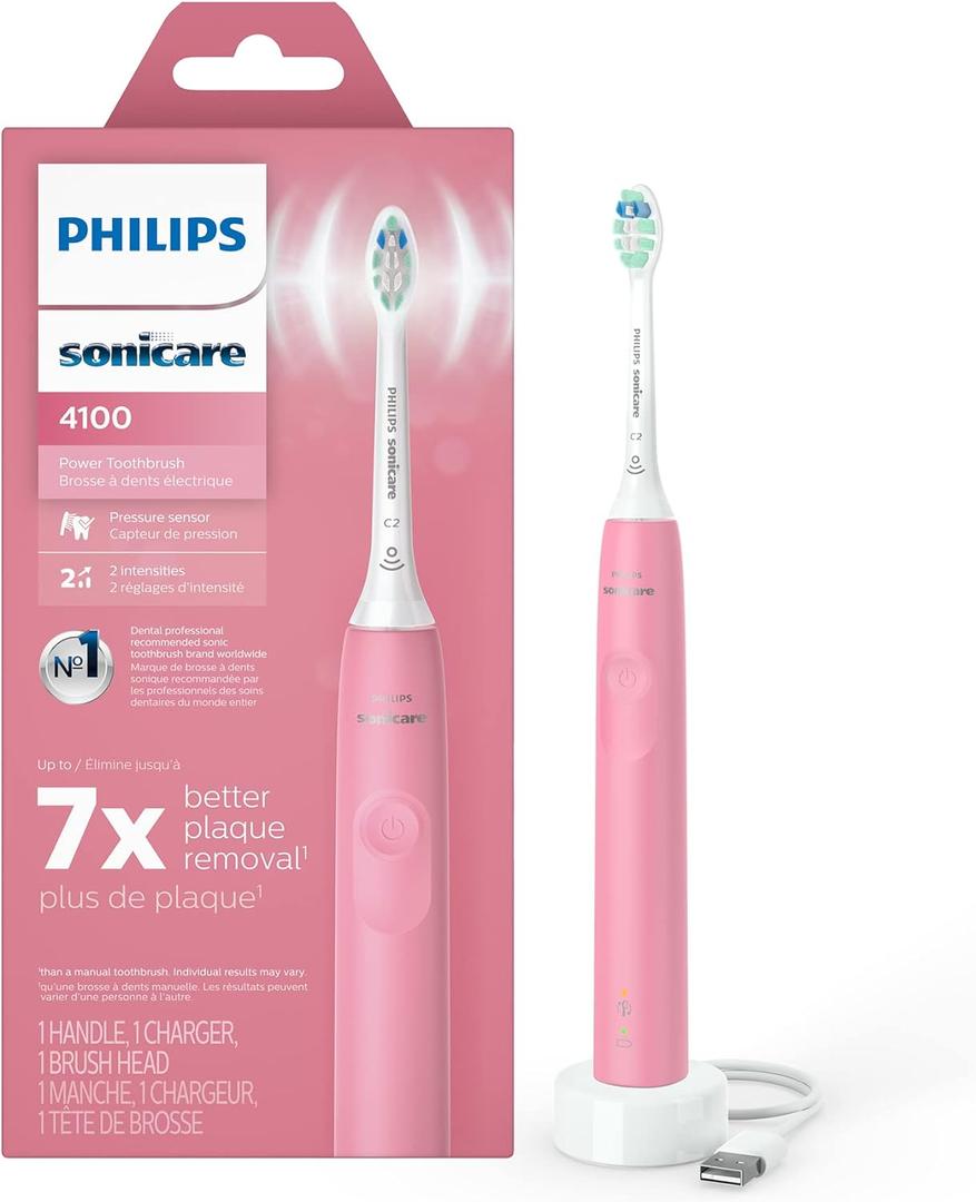 Philips Sonicare 4100 Series Electric Toothbrush - Sonic Toothbrush with Advanced Sonic Technology, Pressure Sensor, Two Intensity Settings, Smartimer & Quadpacer, Deep Pink, Model HX3681/26