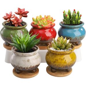 TOPZEA 5 Pack Succulent Pots Planter, 3.8 Inch Tripod Glazed Ceramic Cactus Planter Round Plant Bonsai Container Small Garden Pot with Drainage Hole & Bamboo Saucer for Desktop, Windowsill