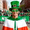 Leprechaun Costume Set, St Patricks Day Hat Flag Cape Glasses Suspenders Beard Bow Tie for Adult (Green)