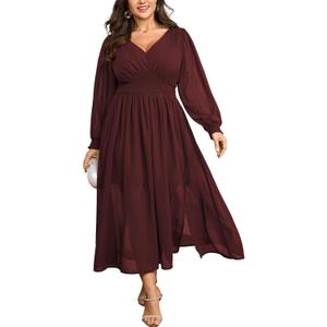 SCOMCHIC Womens Plus Size Formal Dresses Chiffon Wedding Guest Long Sleeve V Neck Smocked Flowy Slit Maxi Dress (Burgundy)