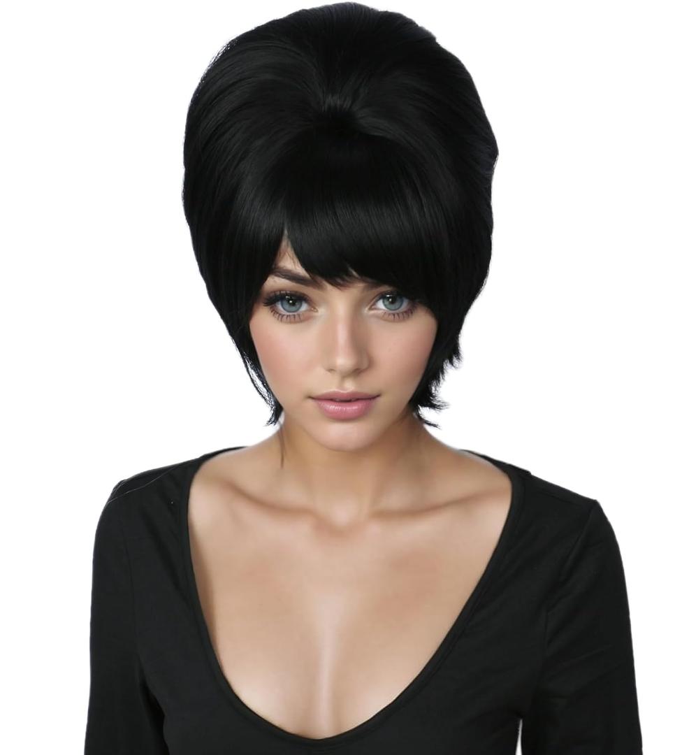 Linfairy 1960s Short Beehive Wig Perfect for Halloween Party Cosplay Bauffant Wigs (Black)