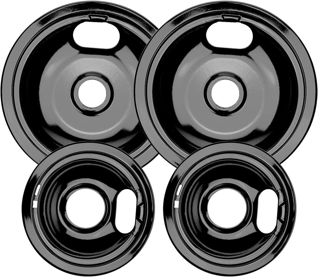 W10290350 W10290353 Black Porcelain Burner Drip Pans By AMI PARTS - Replacement for Whirl-pool Electric Range Cooktop - Includes 2 8-Inch and 2 6-Inch Pans