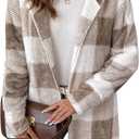 SOLY HUX Women's Plaid Fuzzy Fleece Hoodie Jacket Open Front Long Sleeve Cardigan Warm Casual Outerwear Coat (Large)