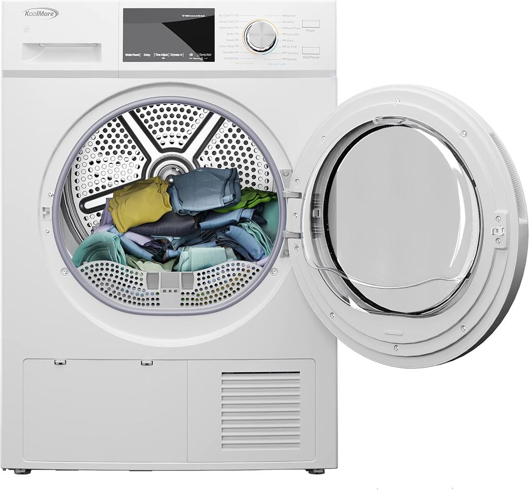 KoolMore FLD-5CWHP Electric Ventless Heat Pump Dryer, 4.4 Cu. Ft, for Small Home or Apartment, Stackable Unit, Wrinkle Prevention with Sensor Technology, 16 Drying Cycles [240V], Medium (24"), White