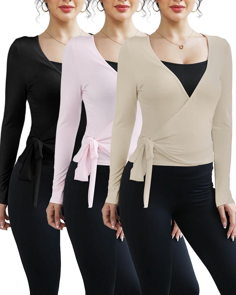 3 Pack Women Ballet Pilates Wrap Tops Y2K Workout Yoga Wrap Shirts Dance Long Sleeve Tie Front Crop Going Out Tops M