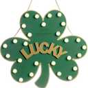 Lighted Holiday Wall Hanging Decor, St. Patricks Day Shamrock Green Wreath, Lucky Irish Blessing Front Door Sign with LED Lights, Wooden Spring Wreath for Home Wall & Door Decoration Party