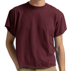 Men's Boxy Raw Cut Tee Short Sleeve Round Neck T Shirts Casual Basic Tops (Red, XXL)