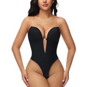 SHAPSHE Backless Shapewear Strapless Deep V Bodysuit for Women Tummy Control Built In Bra Low Back Body Shaper (X-Small, Black)