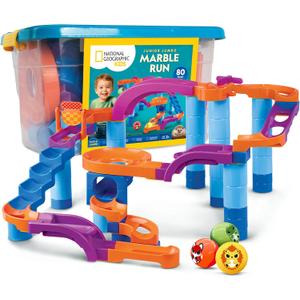 National Geographic Kids Junior Jumbo Marble Run, 80-Piece Ball Drop Toy | Includes Storage Bin, Kid-Safe Balls & Buildable Marble Run Maze for Toddlers & Preschoolers Ages 2+