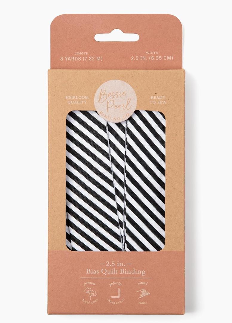 2.5 inch Bias Quilt Binding, Black White Stripe, 100% Cotton, 8 Yards