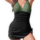 AI'MAGE Women One Piece Swim Dress Swimsuits Sexy V Neck Tummy Control Swimdress Skirt Bathing Suit Tie Knot Skirt Swimdress (Medium, Military Green)