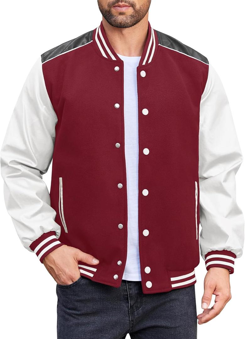 COOFANDY Mens Fashion Varsity Jackets Casual Leather Sleeves College Baseball Bomber Jacket Streetwear Red Varsity Jacket S