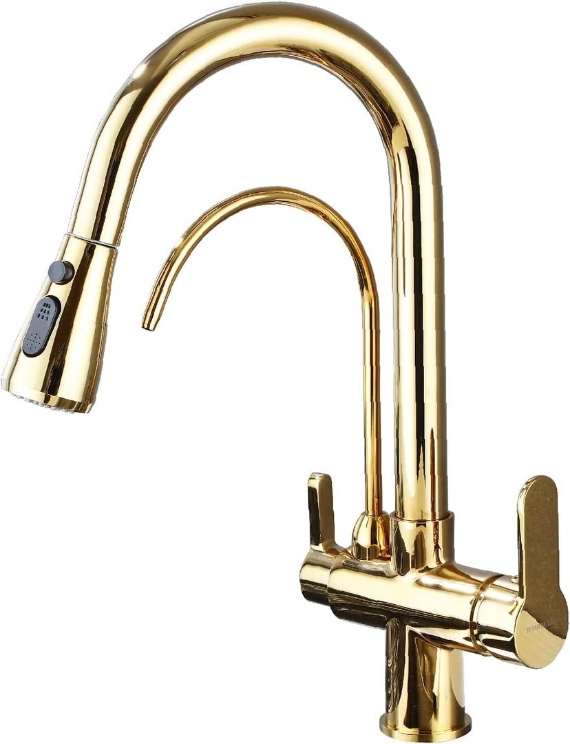 HUAHUALALA Kitchen Sink Faucet with Pull Down Sprayer 2 Handle 3 in 1 Water Filter Purifier Faucets, Brass Drinking Water Faucet Reverse Osmosis Gold