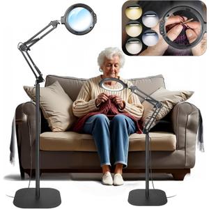 12X Floor Magnifying Glass with Light and Stand, 5.2" Large Floor Lamp Magnifier with 5 Color Modes 10 Dimmable Brightness, Hands Free Lighted Magnifying Glass with Clamp for Close Work Sewing (Black)